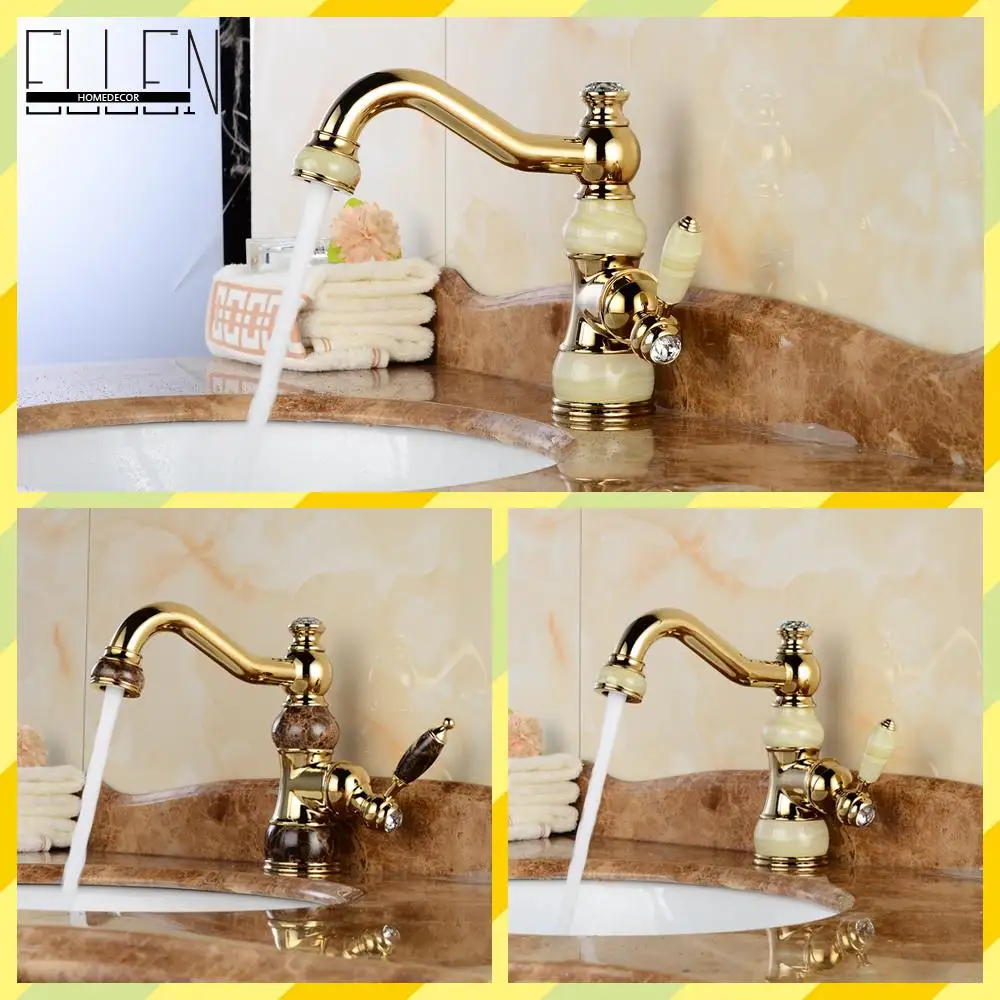 Luxury Gold Bath basin Faucet Jade Body Cold and Hot Water Mixer Tap Bathroom Sink Faucet Golden Finished