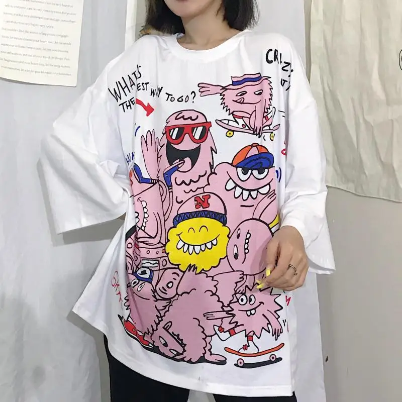 

Zuolunouba Summer T Shirt Women Fashion Loose Cotton Harajuku Casual Fun T-shirt Lovely Cartoon Letter Print Tees Tops Oversized