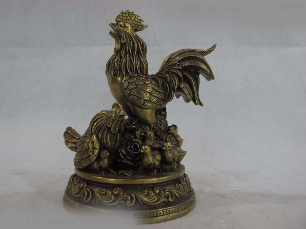 Chinese Brass Copper rooster cock chicken family Gold ingot Feng shui figurine SD 506