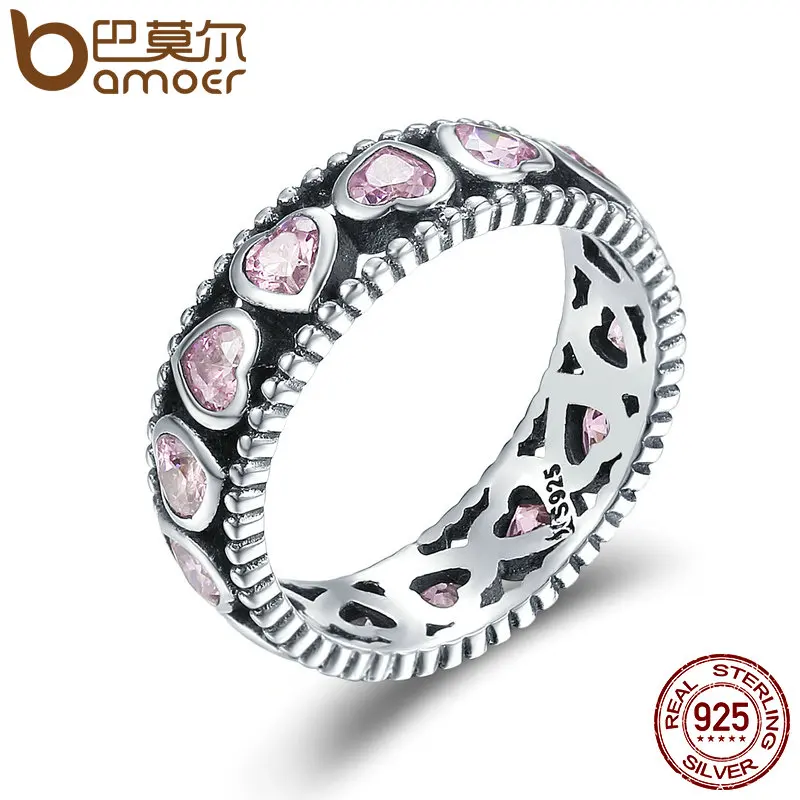 

BAMOER Authentic 925 Sterling Silver Stackable Ring Radiant Heart Pink Crystal CZ Finger Rings for Women Wedding Jewelry SCR166