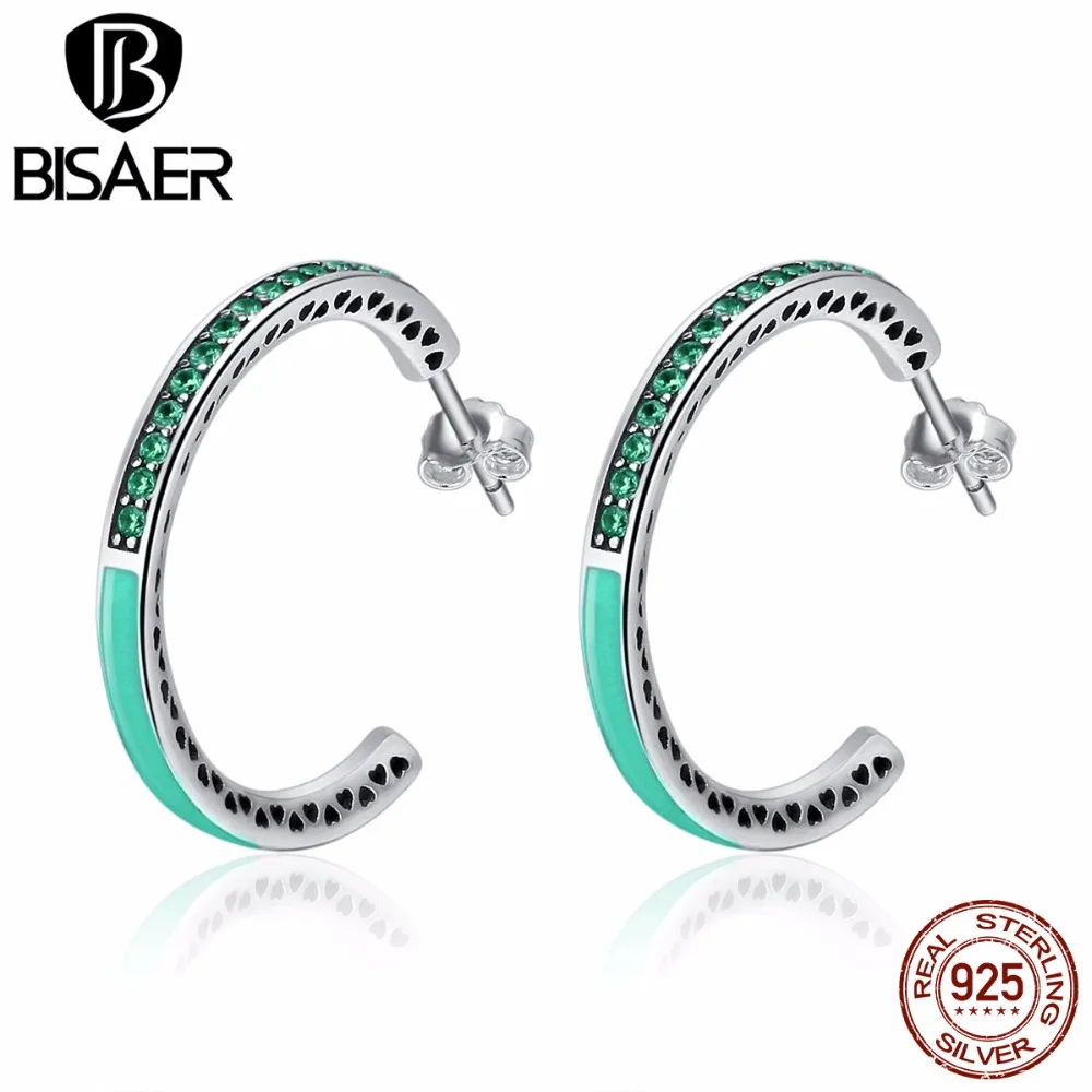 

100% 925 Sterling Silver Green Radiant Hearts Hoop Earrings With Enamel Clear CZ Original Authentic Jewelry Christmas Gift CE209