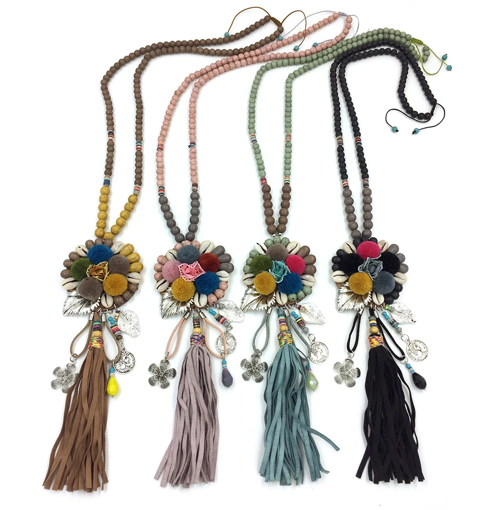 New Bohemia Jewelry Multicolor Beads Necklace Pompom Flower Pendents Necklace Lether Tassel Tree Of Leaf Pendant Necklace