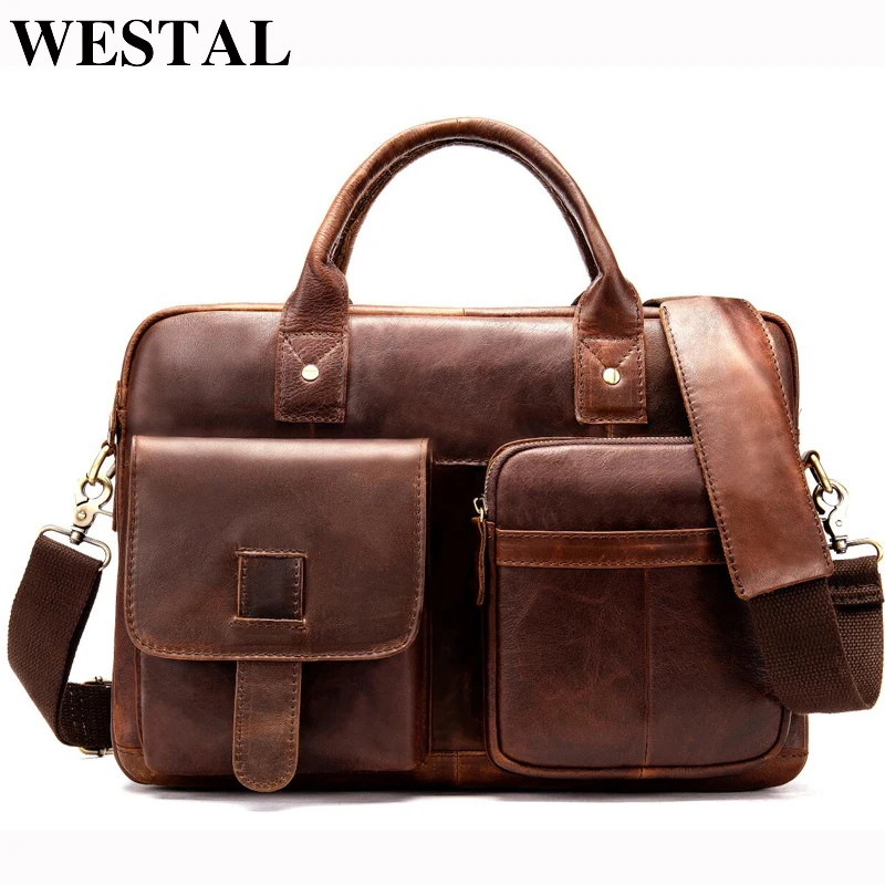 

WESTAL men's briefcase bag men's genuine leather bags male 14inch business laptop bag leather briefcases men computer bags 8503