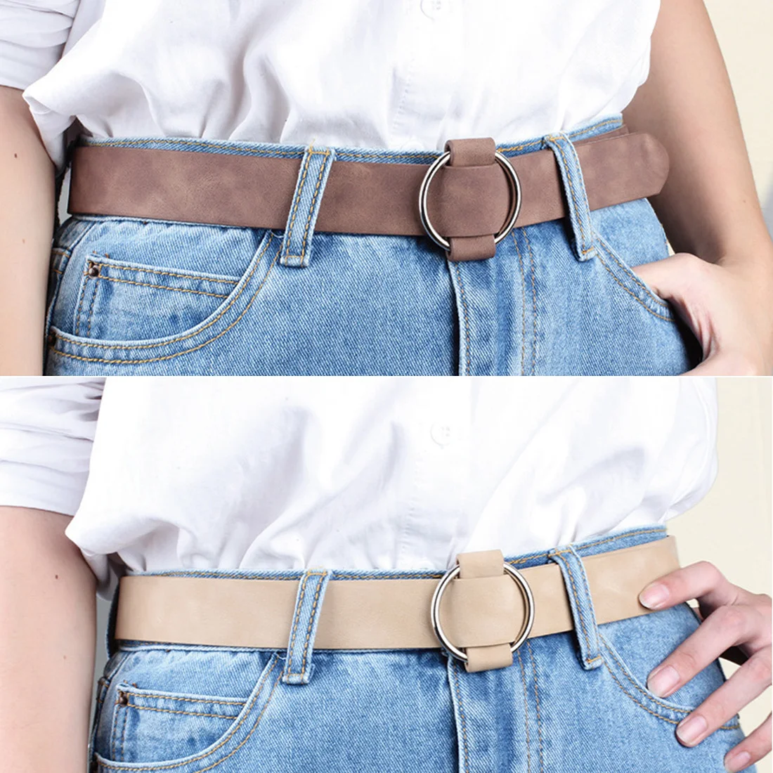 

Women New Needle Clasp PU Leather Punk Belt Round Metal Circle Belts Brand Punk O Ring Leather Belts
