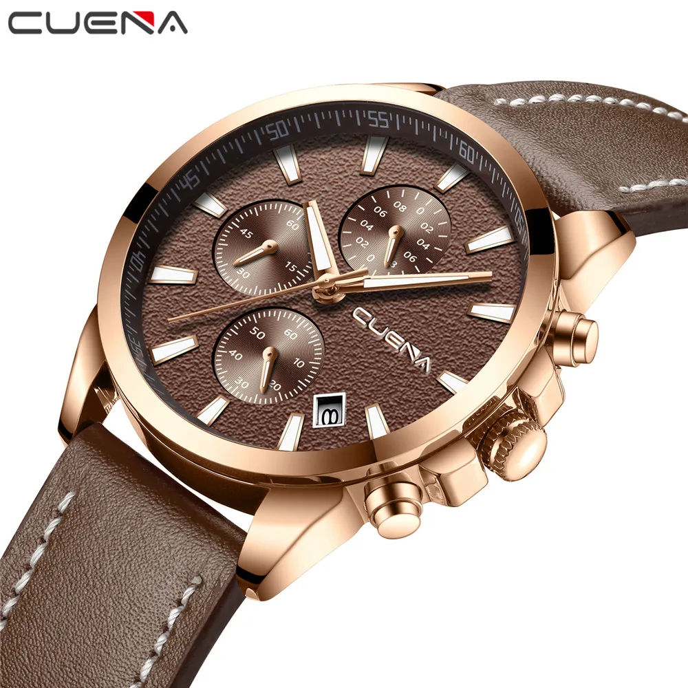 

CUENA Fashion Chronograph Watch Men Quartz Clock Leather Strap 3 Sub-dials 6 Hands Calendar Top Luxury Waterproof Wrist Watches