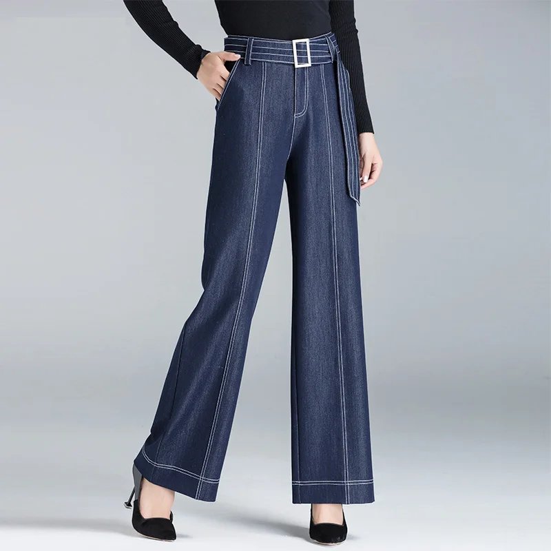 Denim Mode Rayé Lâche Casual Sash Automne Pantalon Jambe Femmes Bleu Printemps Pantalon Jeans Taille Blue Large Femme Haute 3xl rwnPBrqp