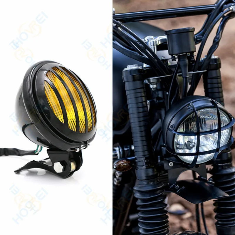 retro Motorcycle black metal front Grill mask Headlight Finned Headlamp