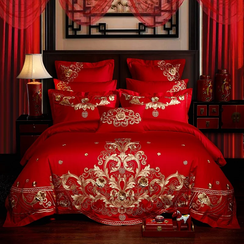 

Luxury Red Wedding Style Gold Royal Embroidery 60S Egyptian Cotton Bedding Set Duvet Cover Bed sheet/Linen Bedspread Pillowcases