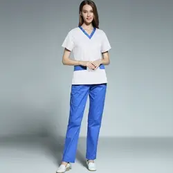 Женская мода скрабы комплект Цвет Блокировка медицинская Униформа медикос Para Mujer V образным вырезом Топ + брюки для девочек рабочая одежда