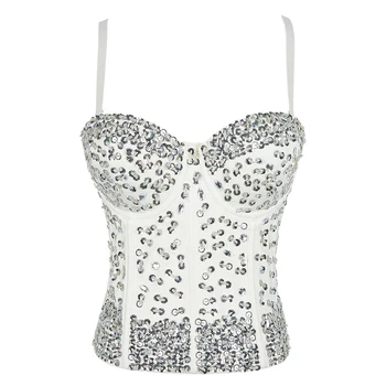 

Women Sexy Rhinestone Beading Top White Sleeveless Bustier Tops Club Party Corset Long Vest Rave Festival Top