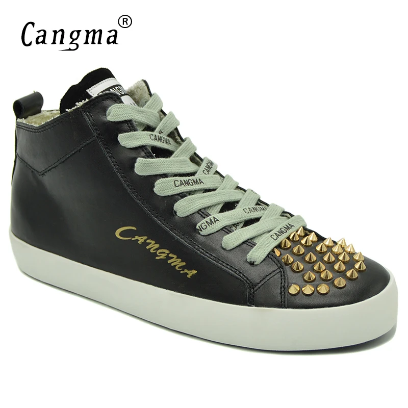 CANGMA Famous Genuine Leather Shoes Mid Women's Rivets Lace Up Footwear Brand Sneakers For Girls Black Flats Female Casual Shoes