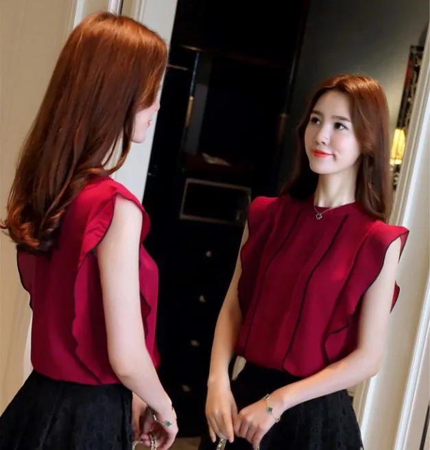 

Mr.nut chiffon shirt female summer sleeveless shirt 2019 new Korean version of the wild ruffled shirt stand collar slim women