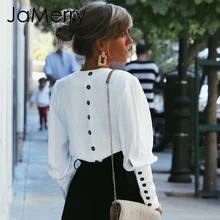 JaMerry Vintage white puff sleeve blouse shirt women Button v neck tops long sleeve Elegant office lady streetwear blusas shirts