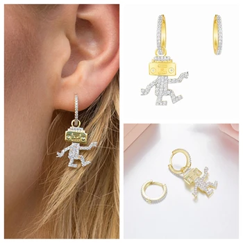 

YP2218 925 Sterling Silver Zircon Robot Asymmetrical Earring Figure Dancing Robot Stud Earring A*M Design Women Wedding Jewelry