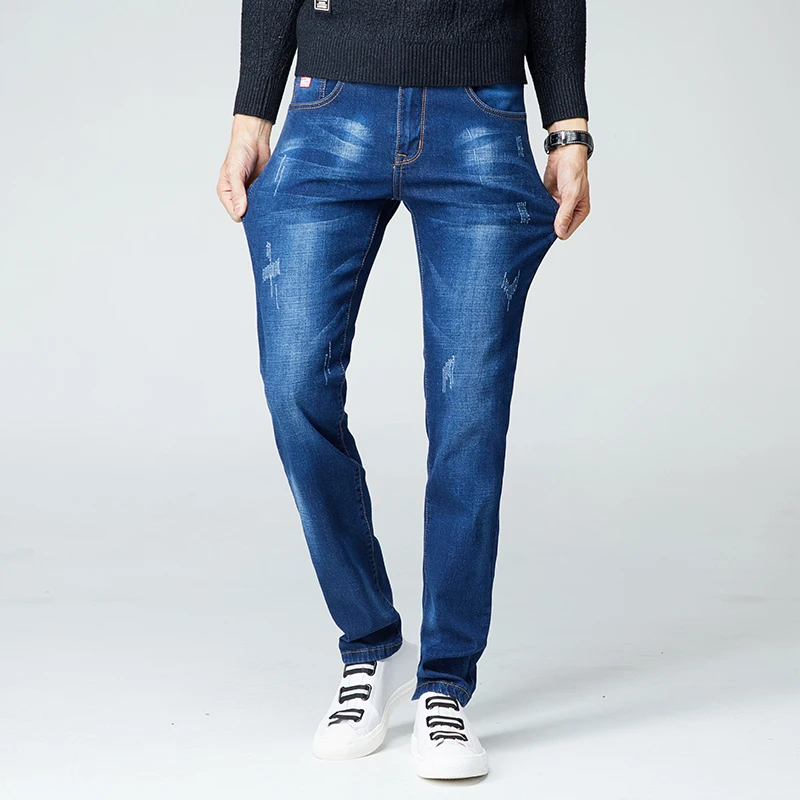 Брендовые Новые мужские джинсы повседневные деловые джинсы Прямые прямые джинсы из ткани эластичные джинсовые брюки мужские