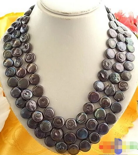 

Wholesale FREE SHIPPING 3ROW 14MM BLACK COIN FRESHWATER CULTURED PEARL NECKLACE SHELL p975