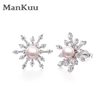 

ManKuu Round Freshwater Pearl Earring Snowflake Design Inlaid CZ Crystal Top Quality 925 Sterling Silver Stud Earrings For Women