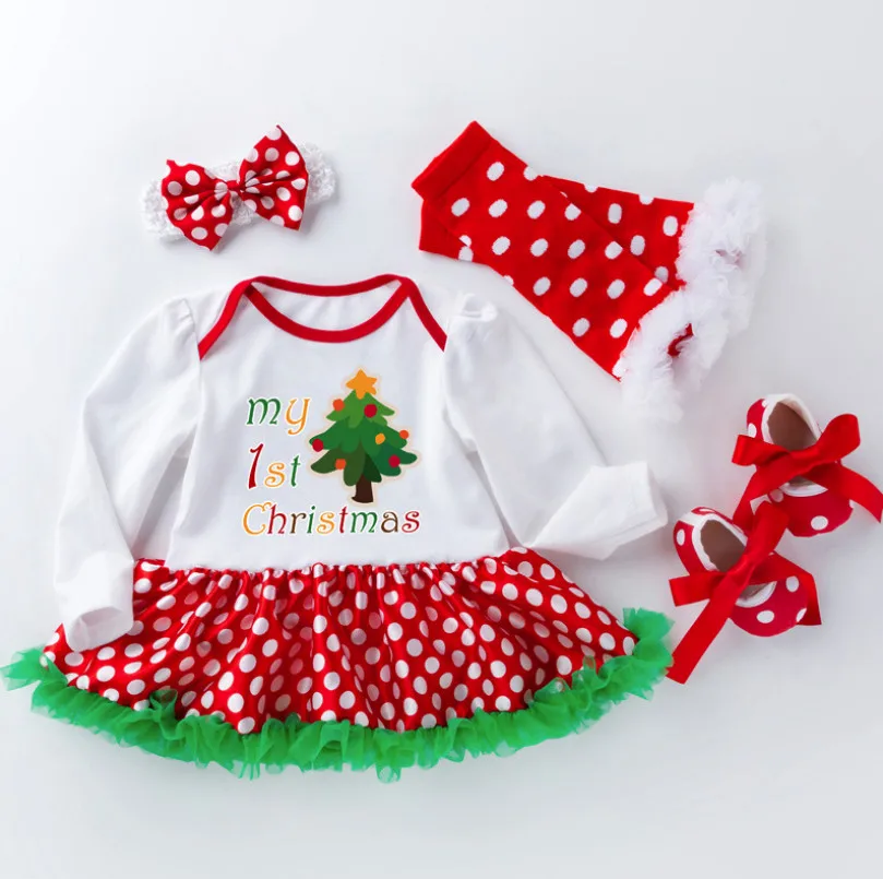 Meu Primeiro Natal Conjuntos de Roupas para Meninas Bonitos do Bebê de Algodão Recém-nascidos Romper Ruffle Tutu Vestidos 4 Peças de Conjuntos de Roupas Infantis Presentes 7 Cheap Conjuntos de roupas
