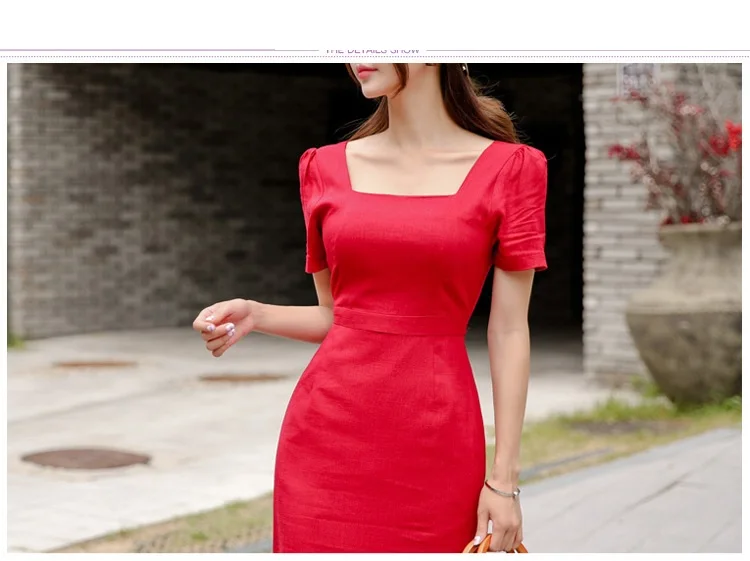 Платье русалки размера плюс, летнее красное с коротким рукавом, квадратным воротником, длиной до лодыжки, с оборками, винтажное элегантное платье, платья в Корейском стиле