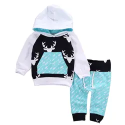 Одежда для маленьких мальчиков и девочек рождественские наряды для детей кофта с капюшоном и штаны комплект из 2 предметов с принтом в виде