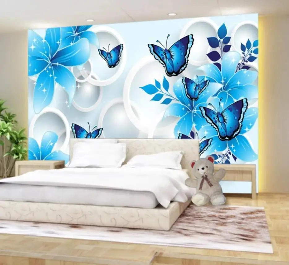 

blue room wallpapers Blue lily butterfly 3D TV background wall modern living room wallpapers