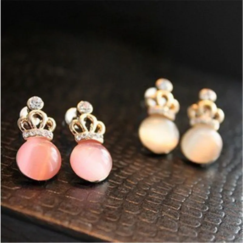 

New Cute exquisite girls pendants pink opal crystal earrings for women crown jewelry accessiroes wholesale