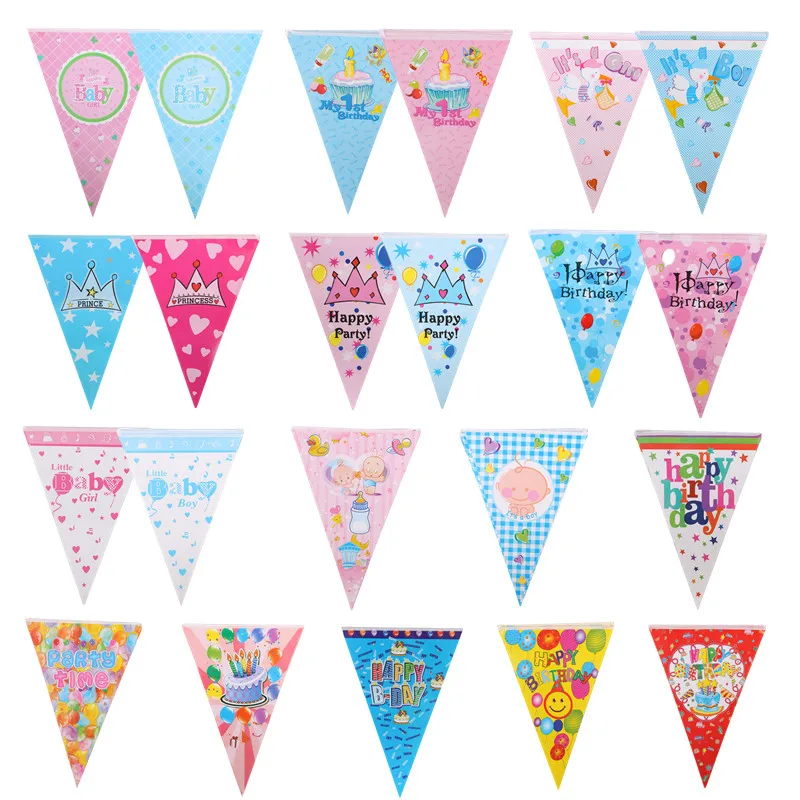 1pcs Happy Birthday Banners Pulling Flag Welcome Baby Crown Balloons Hanging Flags It