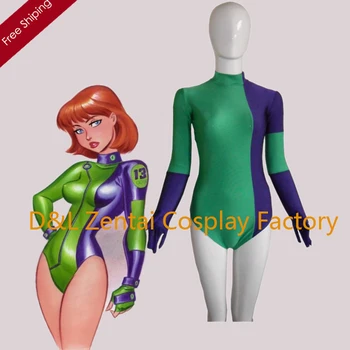 

Free Shipping DHL Sexy Green and Purple Lycra Spandex Catsuit Caitlin Fairchild Super Hero Zentai Suit SH1303