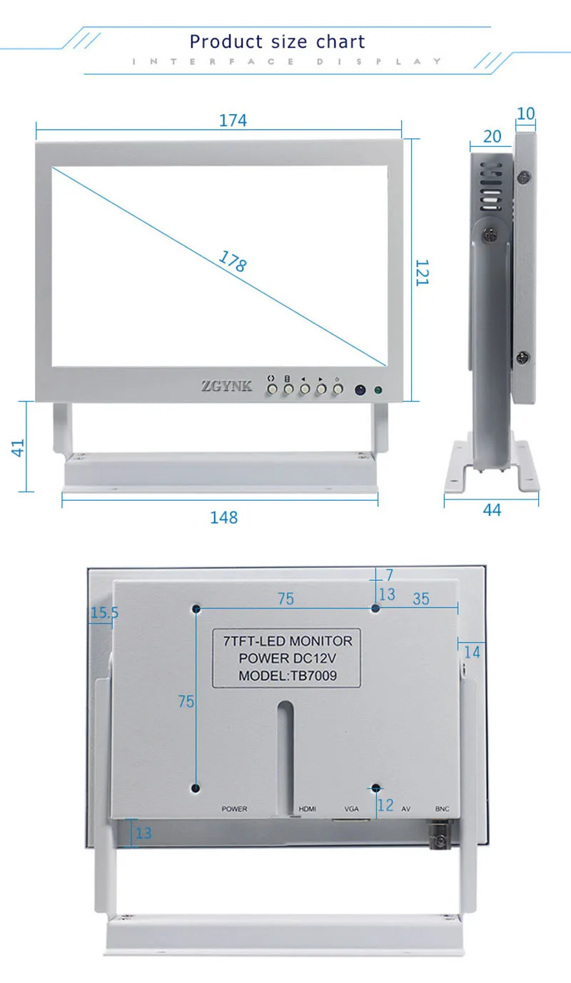 7 polegadas branco bnc monitor lcd equipamentos