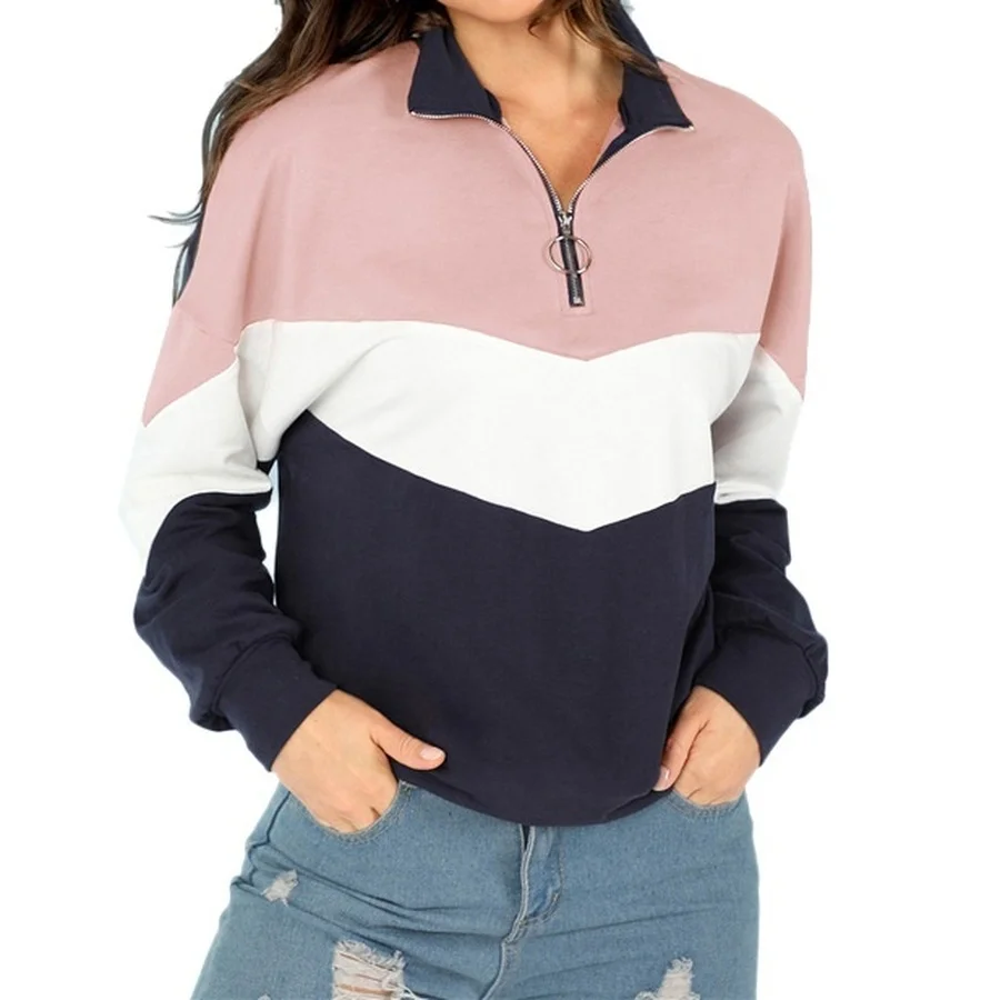 ZOGAA Campus Sweatshirts Pullover Women Top Multicolor Casual Zip Half Placket Color Block Stand Collar Long Sleeve Sweatshirts