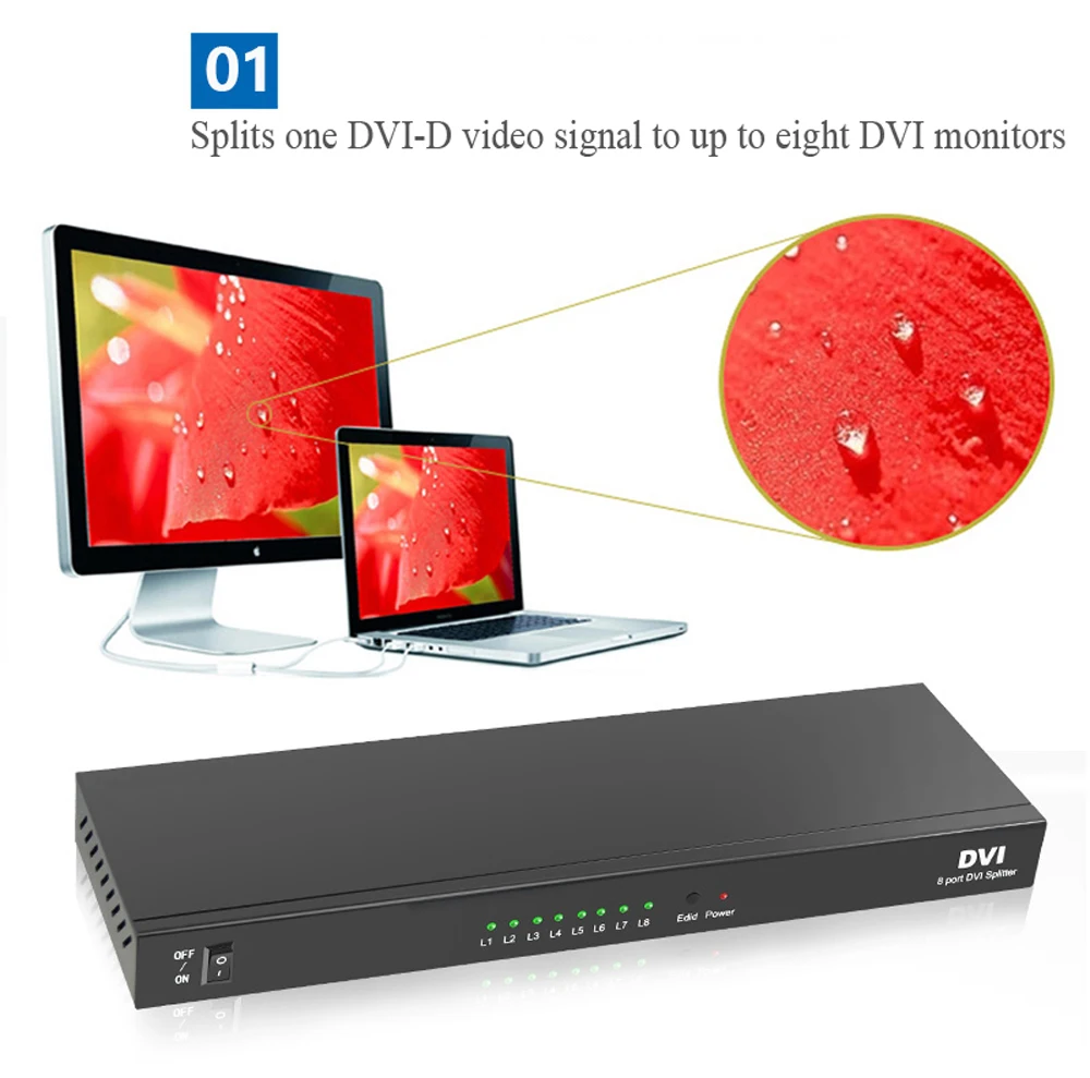 Разветвитель DVI Aikexin разветвитель 1 в 8 Выход Поддержка 1920x1200 до 1080P с адаптером