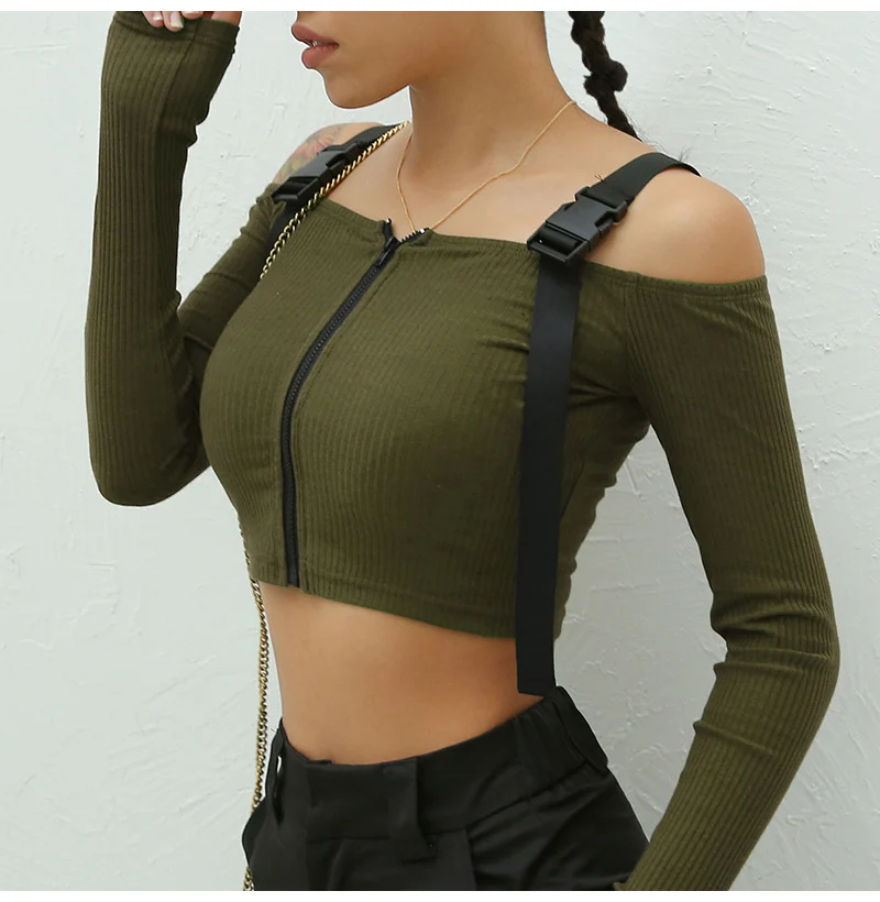 Women's Sexy Off Shoulder Zipper Tee Model Front Green