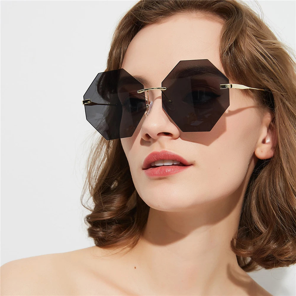 

Kachawoo polygon sunglasses women big pink yellow colored rimless sun glasses for women retro octagon style metal gold eyewear