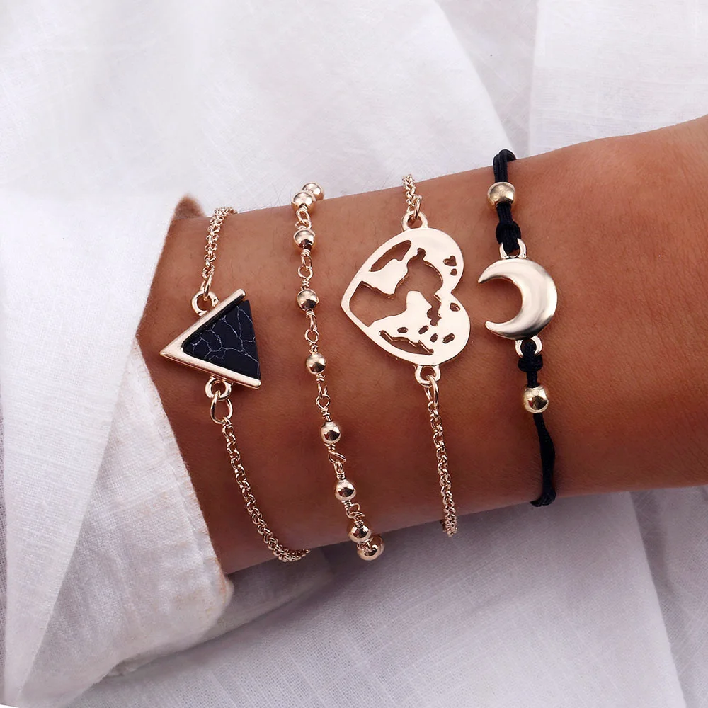 В богемном стиле Треугольники черный Мрамор луна сердце географические Браслеты браслеты для Для женщин модные бусы веревочная цепь браслет; Комплект бижутерии