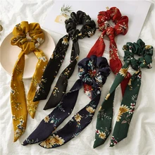 Floral Print Elastic Knot Ribbon Scrunchies Women Vintage Big Bow Fabric Hair Ties Girls Satin Hair Accessories Soft Hairbands