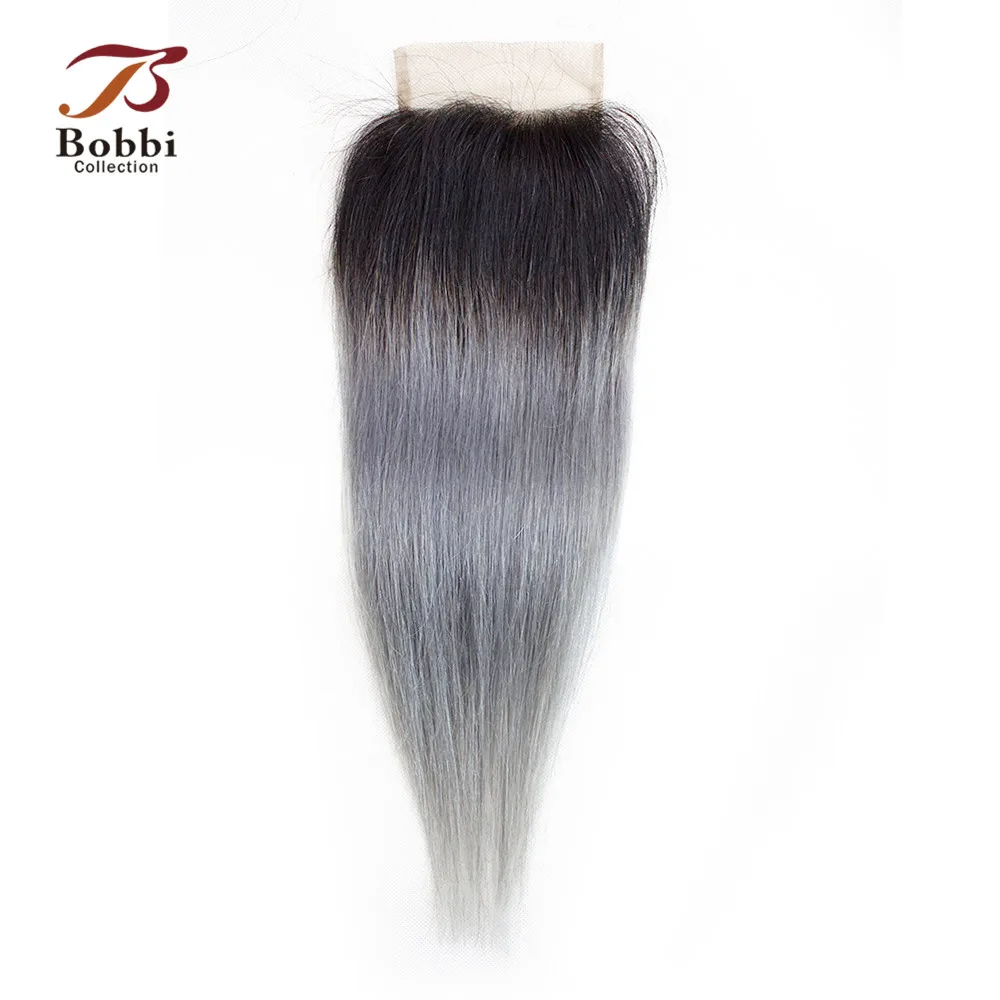 Bobbi Коллекция T 1B темно-серый 4x4 кружева закрытия 12 дюймов бразильские прямые волосы Омбре Человеческие волосы remy Волосы средняя часть