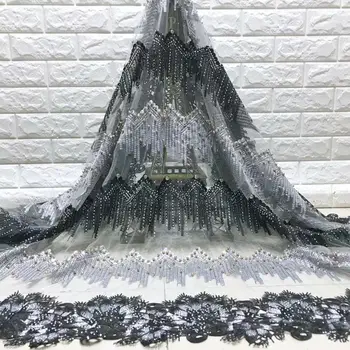 

Royal black Nigerian French Mesh Lace Fabrics Guipure Tulle Embroidered African Laces Fabric With Stones Beaded for Party