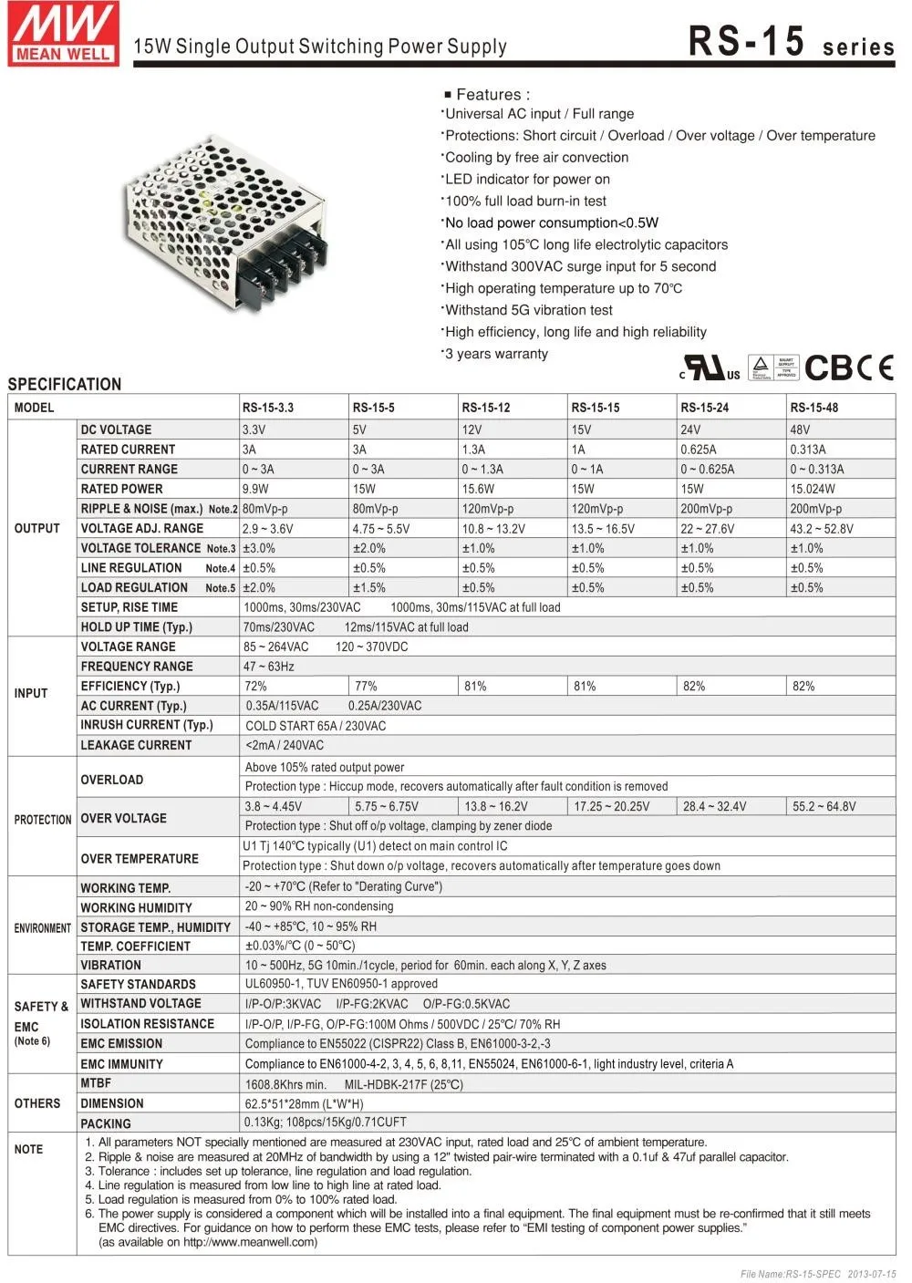 Meanwell RS-15 15W 3,3 V/3A 5 V/3A 12 V/1.3A 15 V/1A 24 V/0.625A 48V источник питания CB UL CE одобренный PSU 3 года гарантии