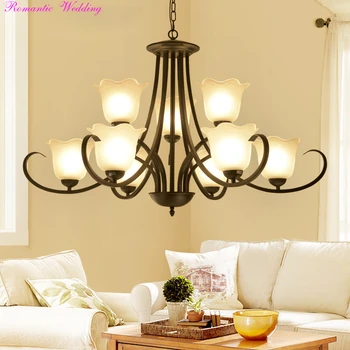 

Warm Simplicity Hanging Ceiling Pendant Light Floral Shape White Glass Black Iron Chandelier