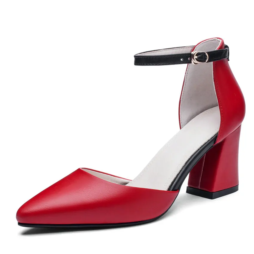 QUTAA/ г. Женские туфли-лодочки модные тонкие туфли с острым носком из искусственной кожи на высоком квадратном каблуке с пряжкой и ремешком на нескользящей подошве размеры 34-43 - Цвет: Красный