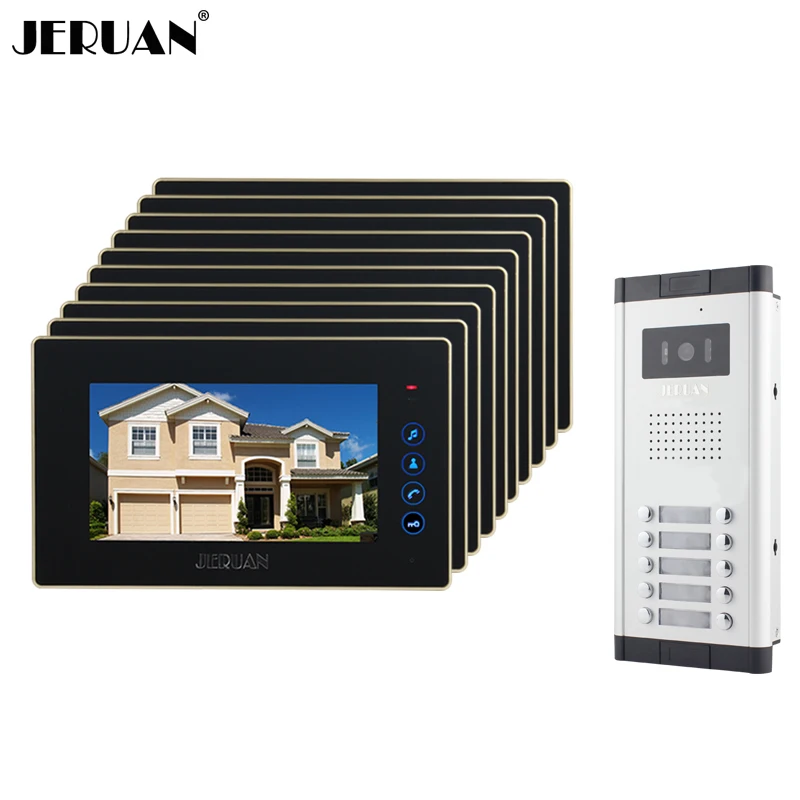 

JERUAN Brand New Apartment Intercom 7`` Touch key LCD Video Door Phone intercom System+10 monitors+ 700 TVL Camera for 10 houses