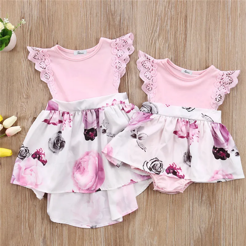 

Toddler Kids Girl Newborn Baby Sisters Summer Floral Dress Romper Sundress Clothes Cute Pink Round Neck Lace Sleeve 1PC