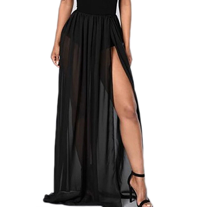 

Women ladies Sexy fashion high waist side Split Mesh long Skirt See-through Beach Party solid black long skirts