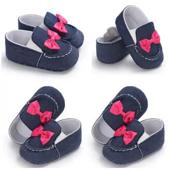 

Lovely Baby Girls Boys Casual Denim Shoes Non-slip Crib Soft Sole Party Bow Knot Cute Striped Denim Casual Shoes