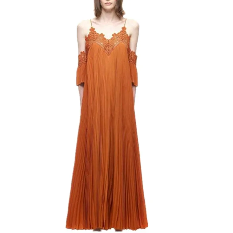 

2016 women's spring summer pleated long dress high-quality brand V-neck halter bohemian dress