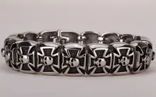 Hombres de acero inoxidable 316L pulsera de cadena cruzada cráneo enlace biker pesado punk rock de la joyería del tono de plata 8.5 “106 al por mayor de dropship