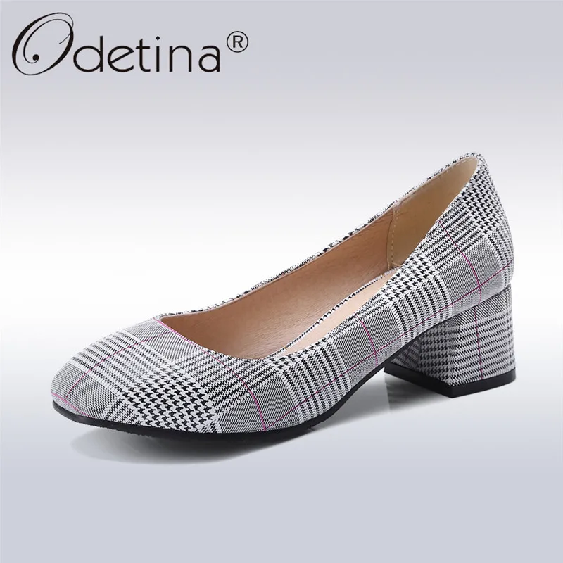 

Odetina New Fashion Stripe Thick Heels Pumps Women Casual Classic Plaid Square Toe High Heels Female Dress Shoes Plus Size 33-47