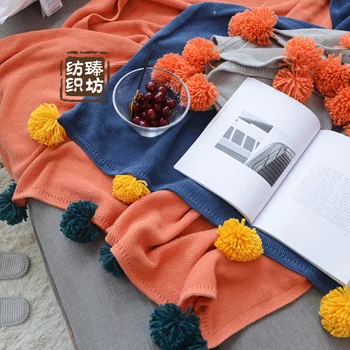 

100% Cotton Knit Throw Blanket, Super Soft Cozy Crocheted Knitted Cover Blanket Pom Pom Multi Color