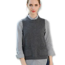 Женский кашемировый жилет с карманами и пуговицами сзади без рукавов, вязаный жилет с круглым вырезом, женский зимний жилет с открытой спиной