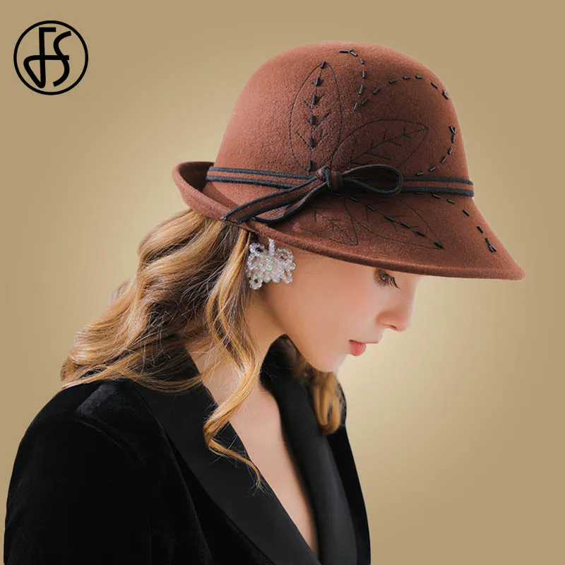 

FS Wool Hat Women Wide Brim Bowler Fedora Hats Winter Bowknot Flower Felt Cloche Cap Bowler Female Brim Dress Fedoras